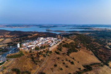 Aerial view of the beutiful historical village of Monsaraz, in Alentejo, Portugal; Concept for travel in Portugal