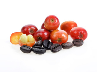 Red and black coffee beans on white background