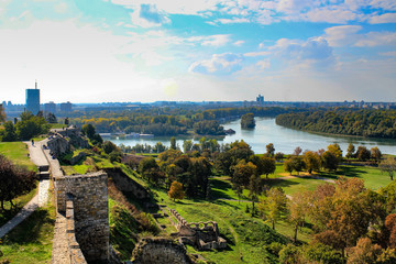 Danube and Sava river view from Kalemegdan Castle. Belgrade Serbia - obrazy, fototapety, plakaty