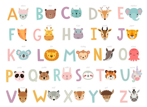 Funny Animals alphabet for kids education.