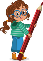 Smart school girl at work with her giant pencil. Vector illustration.