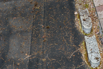 Carport torch down black roofing material covered in tree debris, cement blocks, and moss