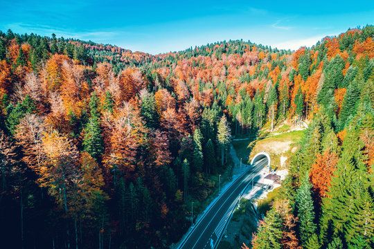 Aerial view of Karaula overpass in Bosnia. Tunnel and road.