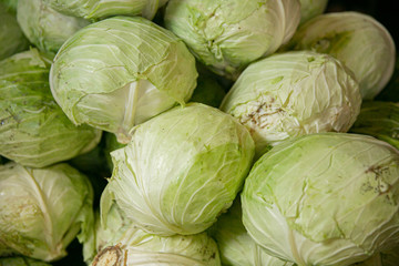 Fototapeta premium a pile of heads of green cabbages at a farmer's market stall for sale