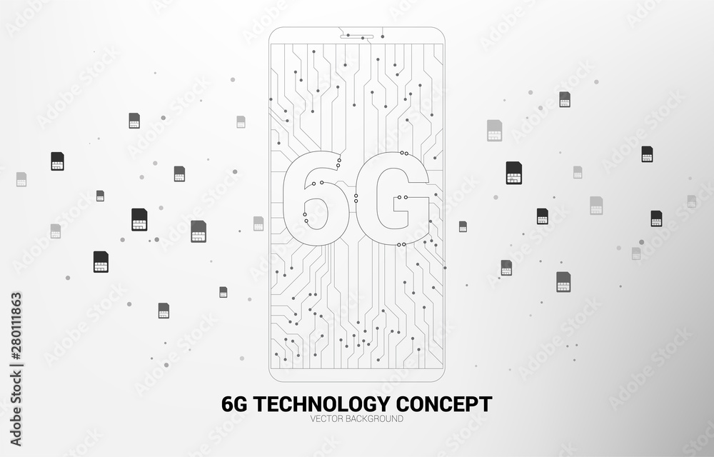 Aufkleber Vector 6G dot connect line circuit board style mobile phone icon. Concept for data transfer of mobile data network.