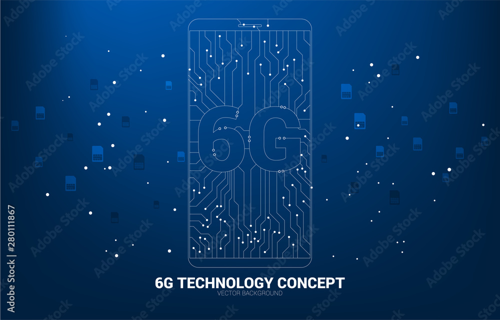 Leinwandbilder Vector 6G dot connect line circuit board style mobile phone icon. Concept for data transfer of mobile data network.