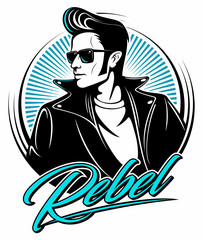 Rockabilly rebel in leather jacket with a fifties hairstyle and sunglasses, vector logo. - obrazy, fototapety, plakaty