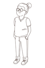 Teenager man smiling and greeting cartoon in black and white