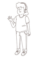 Teenager man smiling and greeting cartoon in black and white