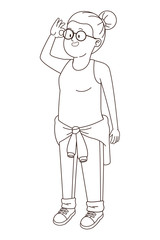 Teenager woman with casual clothes cartoon in black and white