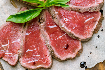 sliced roast beef macro, close-up