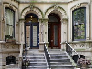 Houses with ornate stone carvings, historic Rittenhouse Square district of Philadelphia