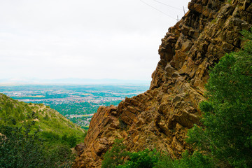 Ogden valley view among rocky cliff along Waterfall Canyon Trail near Ogden, Utah