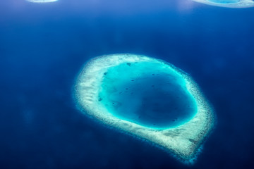 Dieses einzigartige Bild zeigt die Malediven, die von einem Flugzeug von oben fotografiert werden. Sie können die Atolle im Meer gut sehen. - obrazy, fototapety, plakaty