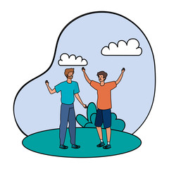 happy young men friends celebrating in the park