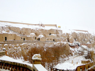 Bezeklik Thousand Buddha Caves in Flaming Mountains in Turpan in Xinjiang in  China, in the way of...