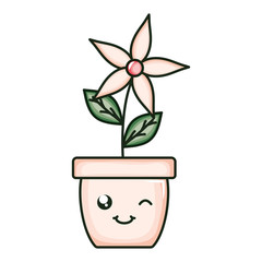 beautiful flower with leafs in ceramic pot kawaii character