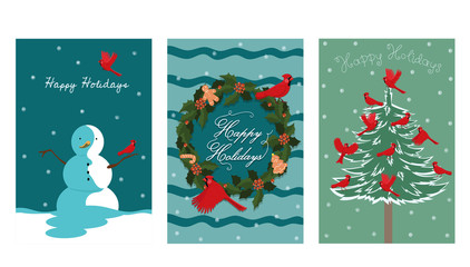 A collection of three New Year cards with a bird red cardinal. Vector graphics.