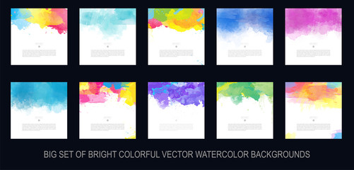 Big set of bright colorful vector watercolor brush background design elements