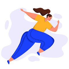 Young running woman, healthy lifestyle. Big limbs style, people illustration. Active girl outdoor. Sport jogging concept. Modern cartoon flat vector graphics