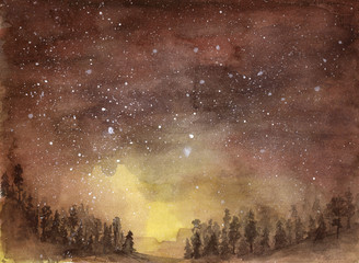 Starry sky, early morning, background. Forest in the fog. The hills. Hand-drawn, watercolor texture. 
