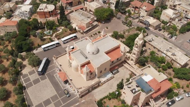 Main Maronite church in the city of Jish, Upper Galilee (Israel). View from the drone.