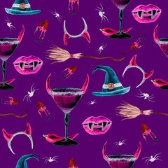 Happy Halloween pattern. Hand drawn, halloween background, witch hat, candales, broomstick, cocktail, red lips, spiders. Design for halloween party, gift paper, wallpaper, covering design.