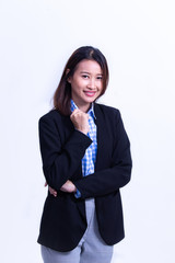 Beautiful young smart Asian business woman portrait wearing formal suit stand on white isolated background with smiling