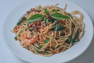 Spaghetti with Spicy Mixed Seafood Thai Style