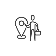 Business meeting location line icon. linear style sign for mobile concept and web design. Man with briefcase and map marker outline vector icon. Symbol, logo illustration. Vector graphics