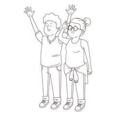 Teenagers friends smiling and greeting in black and white