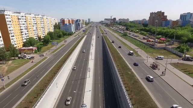 aerial view of modern road in district of russian city in summer day