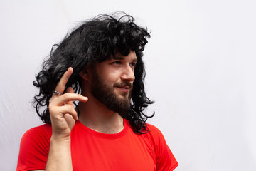 Transgender man on white background