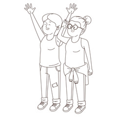 Teenagers friends smiling and greeting in black and white