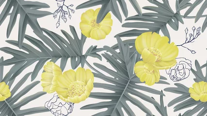 Fototapeten Botanical seamless pattern, creeping buttercup flowers and Philodendron bipinnatifidum on light grey, pastel vintage theme © momosama