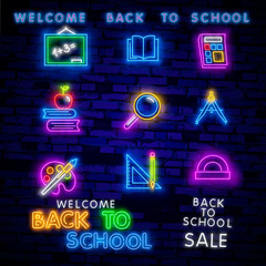 Back to School Welcome greeting card design template neon vector. Modern trend design, the beginning of the school year neon sign. Back to School for greeting card, invitation poster. Vector