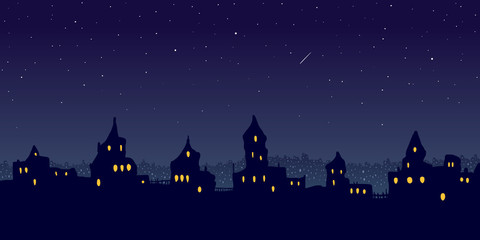 Vector illustration. Cartoon vintage town at night.