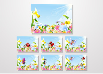 Cartoon insects on flower field collections set