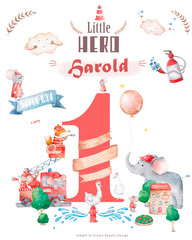 Little Hero welcome baby card. Watercolor cute illustration, colorful elephant and mouse, city cartoon on white background. Birthday and invite card, beauty animal. Banner text one number for child