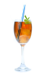 iced tea with lemon slices and mint on white background