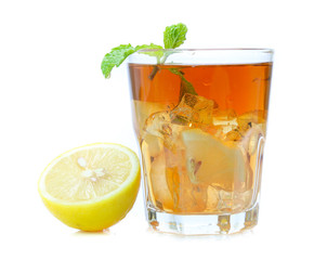 iced tea with lemon slices and mint on white background