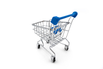 Blue handle small shopping cart trolley isolated on white background.
