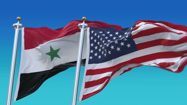 4k Seamless United States of America And Syria Flags with blue sky background;A fully digital rendering;The flag 3D animation loops at 20 seconds;USA US SYR SY.