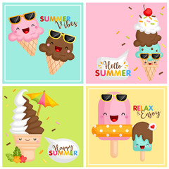 A Card Vector Set of Various Cute Ice Cream Icon Using Summer Accessories 
