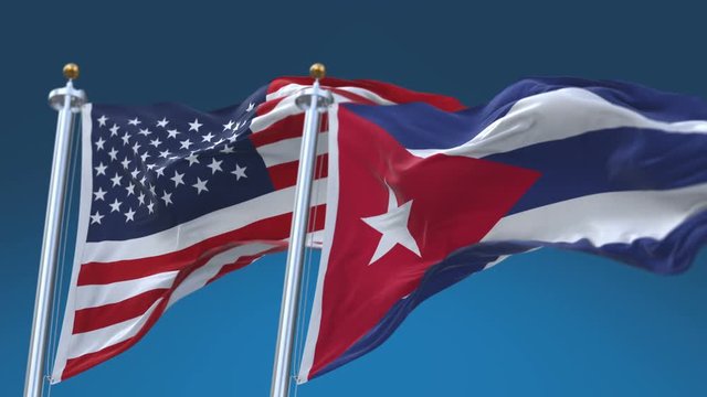 4k Seamless United States of America And Cuba Flags with blue sky background;A fully digital rendering;The flag 3D animation loops at 20 seconds;USA US CUB CU.