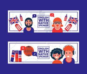 English language learning with native speaker vector illustration. English language education online with cartoon character teachers, kids and british flags.