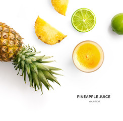 Creative layout made of pineapple juice. Flat lay. Food concept. Smoothie on the white background.