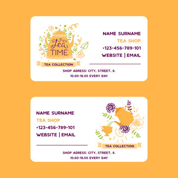 Herbal tea vector business card with teapot flowers and herbs. Design for herbal and green tea collection, drink menu, homeopathy, aromatherapy and health care teatime products.