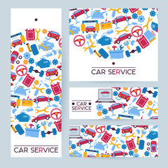 Car repair service business flyer template set, vector illustration. Auto cars transport service brochure with pattern, automobile magazine cover for vehicles repairing.