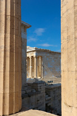 Propylaea beautiful monumental gateway to the ancient Acropolis of Athens Greece under bright blue summer sky